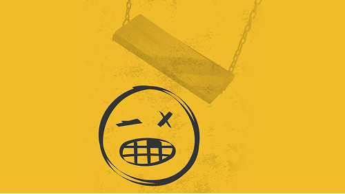 Yellow poster featuring a face encircled by a chain, symbolizing restriction or confinement.