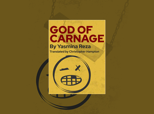 Cover of "God of Carnage" by Yasmin Roza, featuring bold typography and abstract art symbolizing conflict and resolution.